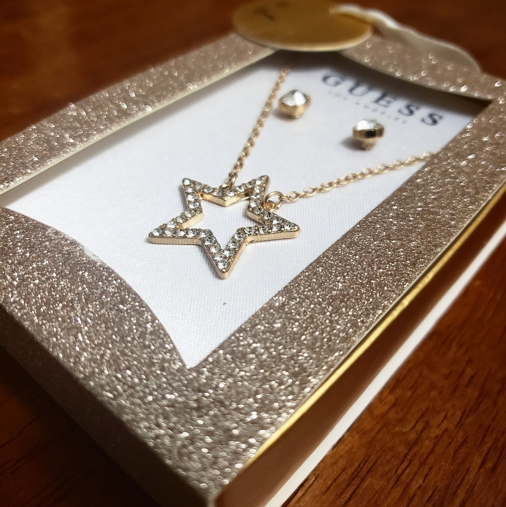 Guess Gold Tone Crystal Heart Pendant & Earrings Set.